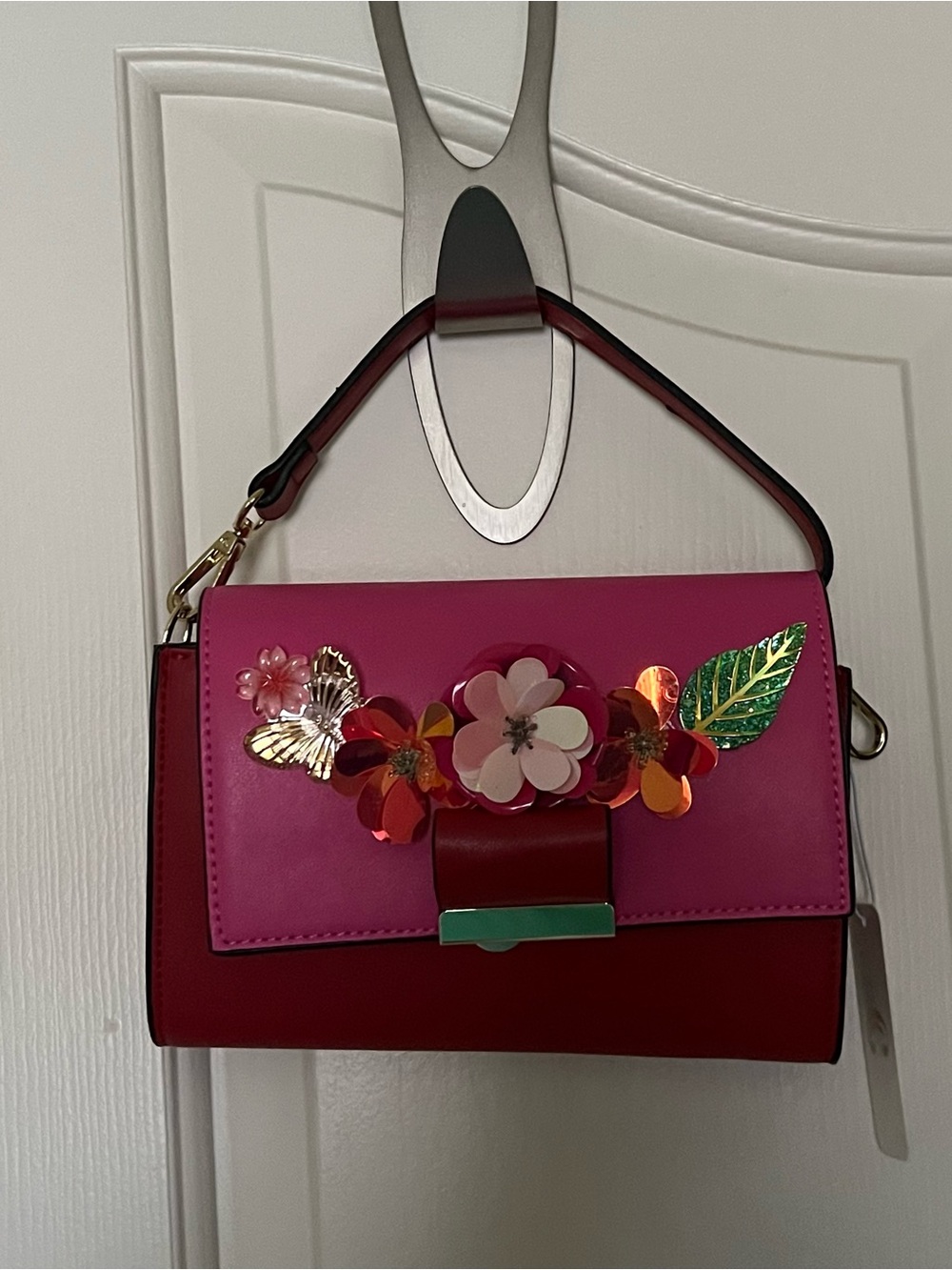Women's Pink and Red Floral Applique Crossbody Bag - Designer Style